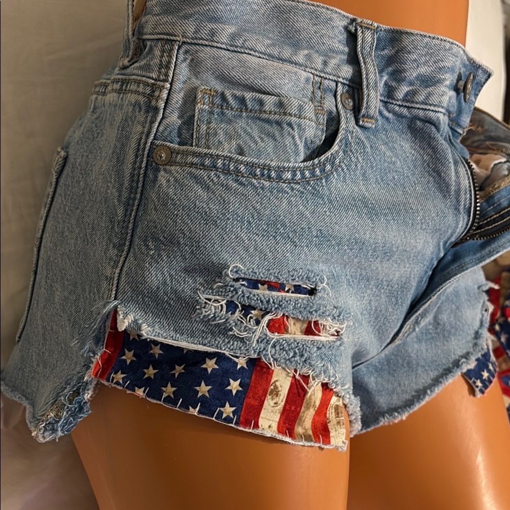 Denim Distressed Shorts with American Flag Accents size 4